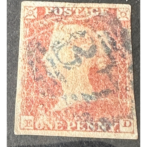 170 - 1841 GB QV 1d red imperforate, 4 margins, (Irish ? ) blue cancel, high cat value £250 min