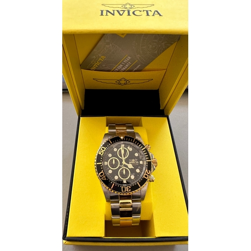 184 - INVICTA mens chronograph 200m pro diver watch, boxed, Japan movement, black and gold face, silver an... 
