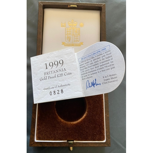 621 - Royal Mint Presentation case / box for 1999 Britannia Gold Proof �25 Coin with COA. NO COIN