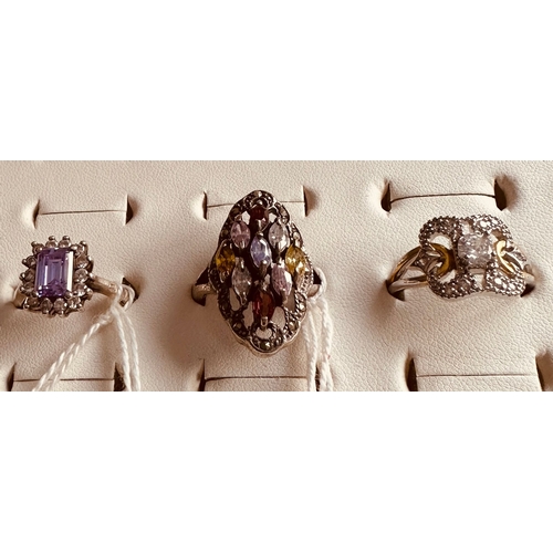 806 - 3 sterling 925 silver rings with multicoloured gemstones and marcasite, cz's