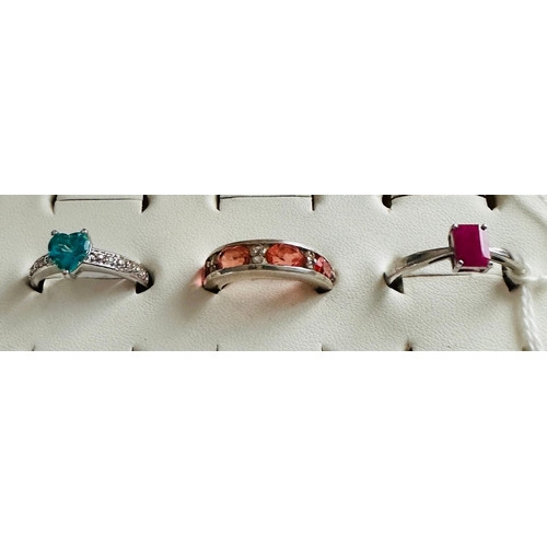 807 - 3 sterling 925 silver rings with gemstones inc. topaz and ruby, estimated sizes m/n to S