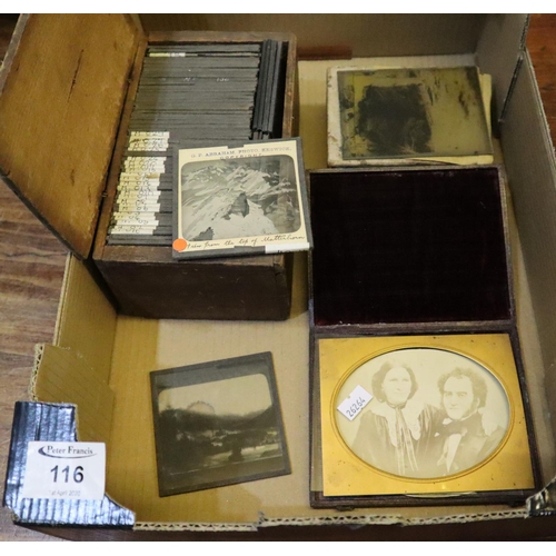 116 - A boxed set of glass magic lantern slides by Abraham's of Keswick, together with a cardboard box of ... 