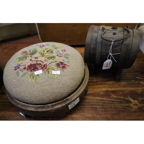 119 - Small coopered brandy barrel on a stand, together with a Victorian woolwork footstool. (2)
(B.P. 24%... 