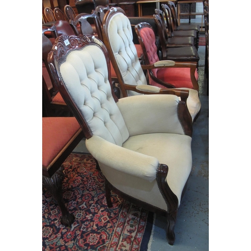 452 - Two Victorian style mahogany framed button back upholstered fireside type armchairs, together with a... 