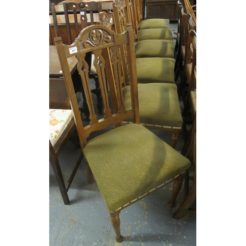 461 - Set of six oak Art Nouveau design carved dining chairs with stuff over seats on turned tapering legs... 