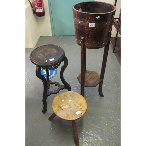 474 - A rustic sycamore milking stool, together with an oak coopered barrel on stand and a stained hardwoo... 