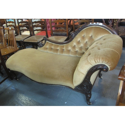 501 - Victorian walnut button back upholstered chaise longue. 
(B.P. 24% incl. VAT)