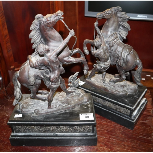 99 - Pair of 19th Century spelter Marley horse figure groups on marble bases, probably clock supporters. ... 