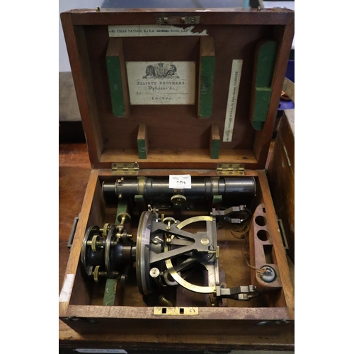 101 - Elliot Brothers London oxidised brass theodolite in original fitted mahogany case. 
(B.P. 24% incl. ... 