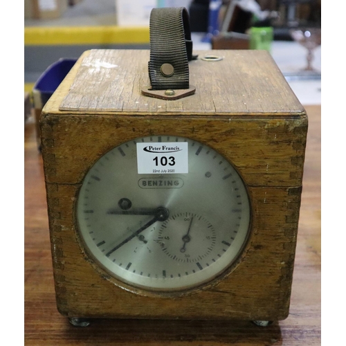 103 - Benzing oak cased portable time clock with silvered face and carrying handle. 
(B.P. 24% incl. VAT)