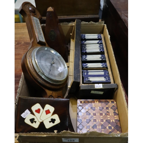 105 - Wooden box of glass magic lantern slides, playing card box and another inlaid wooden box with geomet... 