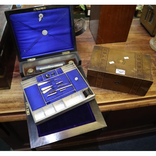 107 - 19th Century rosewood veneered sewing box and a 19th Century walnut veneered tumbridge banded box. (... 