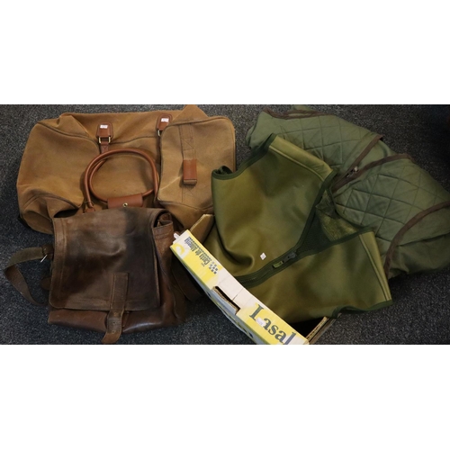 117 - Box of assorted items to include; two men's green fishing/hunting gillets; one leather with netting ... 