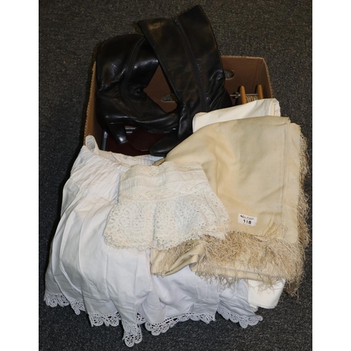 118 - Box of vintage clothing and accessories to include; three early 20th Century cotton petticoats with ... 