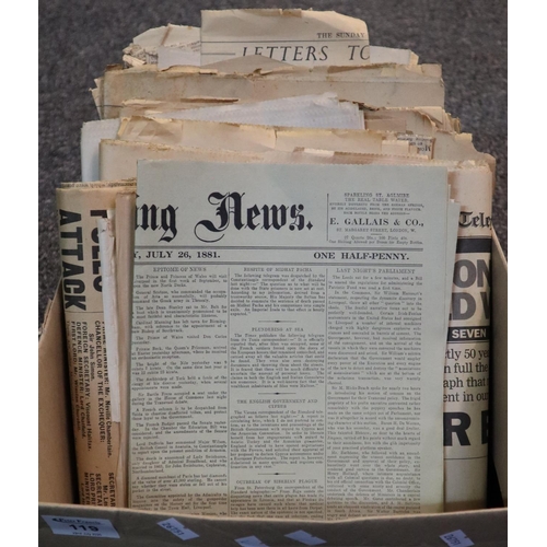 119 - Box of mainly reproduction newspapers, some original to include; The Express, The Daily Telegraph, D... 