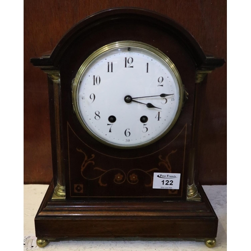 122 - Early 20th Century inlaid mahogany two train arch topped mantel clock with quarter pillasters on bra... 