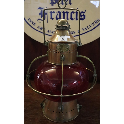 86 - Early 20th Century copper lantern for W.M Harvie & Co Ltd, Birmingham with red glass globe shade and... 