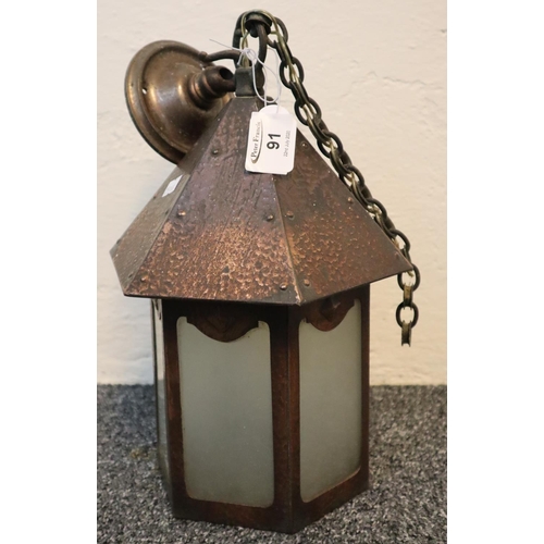 91 - Arts and Crafts style beaten copper hanging lantern ceiling light shade, with frosted glass panels. ... 