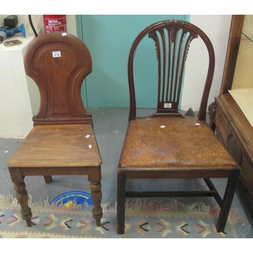 479 - Victorian mahogany hall chair, together with another 19th Century mahogany dining chair with leather... 