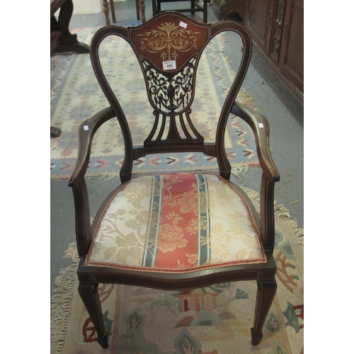 480 - Edwardian rosewood inlaid open armchair with stuff over seat on serpentine front, standing on square... 