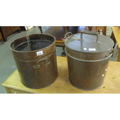 499 - Copper two handled lidded coal bin, together with another copper two handled coal or log bin. (2)
(B... 