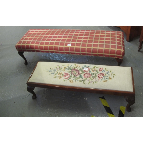 503 - Early 20th Century upholstered footstool of rectangular form on cabriole legs. 125cm long approx. To... 