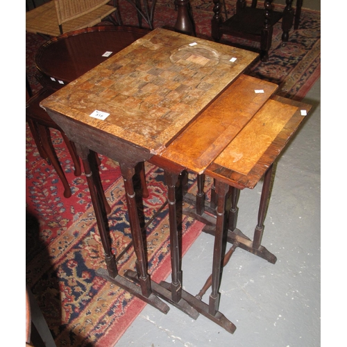 515 - Victorian mixed woods nest of three tables,  in very poor, distressed condition with losses to venee... 