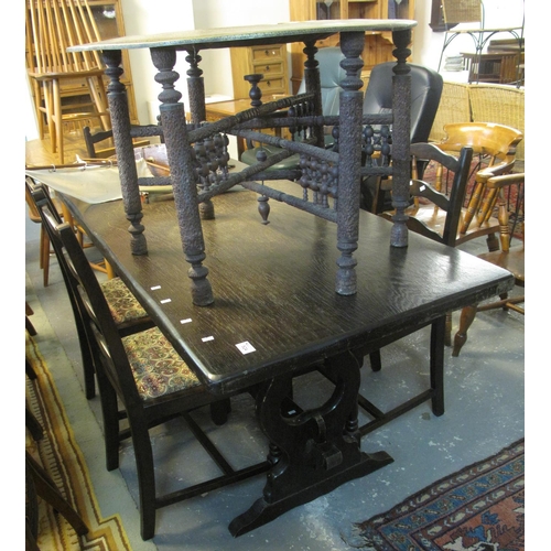 524 - Mid Century stained oak refectory type table, together with a set of five stained ladder back dining... 