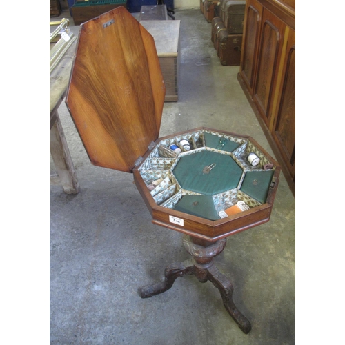 546 - Victorian octagonal walnut parquetry inlaid ladies work box with hinged lid on a carved tripod base.... 