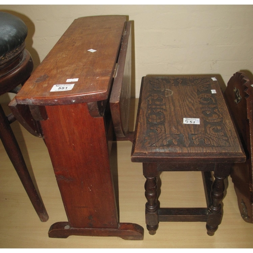 551 - Early 20th Century oak carved stool of small proportions, together with a mid Century mahogany drop ... 