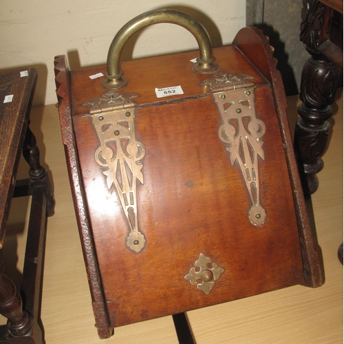 552 - Victorian mahogany purdonium having gothic design brass mounts, the interior revealing coal shovels ... 