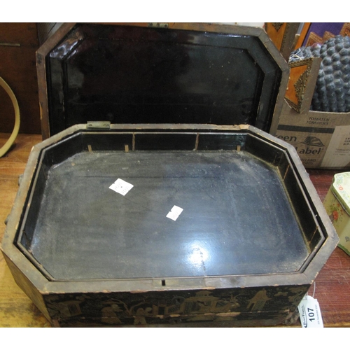 107 - 19th century Chinese lacquered and gilded box with lift-out tray to the interior and under-drawer on... 