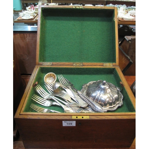 109 - 19th century oak cutlery box with fitted, lift-out trays containing assorted silver plated cutlery a... 