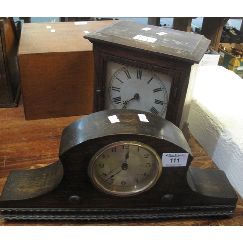 111 - Early 20th century oak hat-shaped mantel clock with back-winding movement, together with a late 19th... 