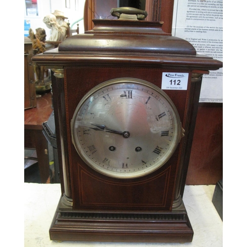 112 - Edwardian, inlaid mahogany two-train bracket clock in Georgian style with stepped top hanging brass ... 