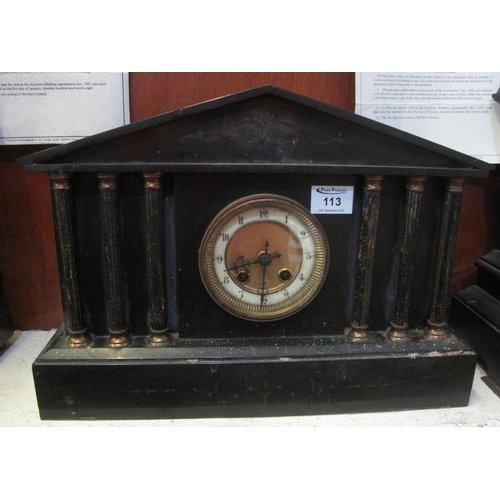 113 - 19th century black slate architectural two-train mantel clock in pillared portico design. 30 cm high... 