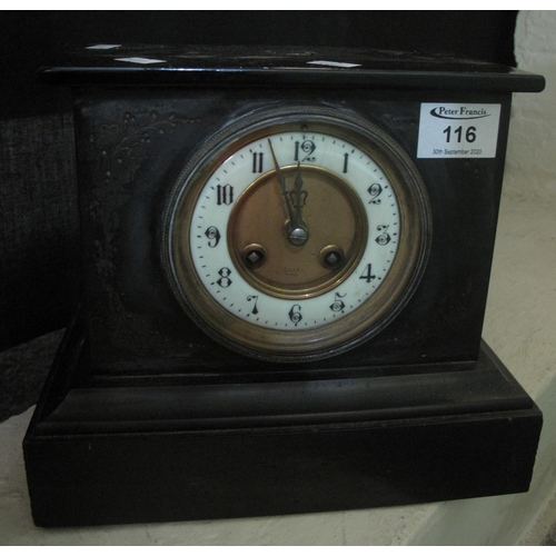 116 - Late 19th/early 20th century black late two-train mantel clock with Arabic face. 22 cm high approx.
... 