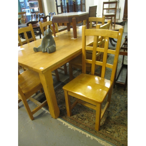 499 - Large modern beech kitchen table of rectangular form with square chamfered legs together with a set ... 