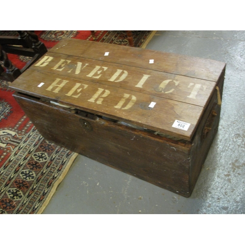 502 - Vintage Pine trunk of rectangle form with metal carrying handles named Benedict Herd.
(B.P. 21% + VA... 