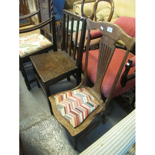 514 - Low lyre backed nursing chair with tapestry seat and a late 18th century Welsh oak stick back dining... 