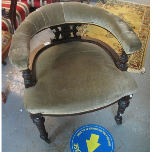 518 - Edwardian tub type library elbow chair with upholstered back and stuff over seat on ring turned legs... 