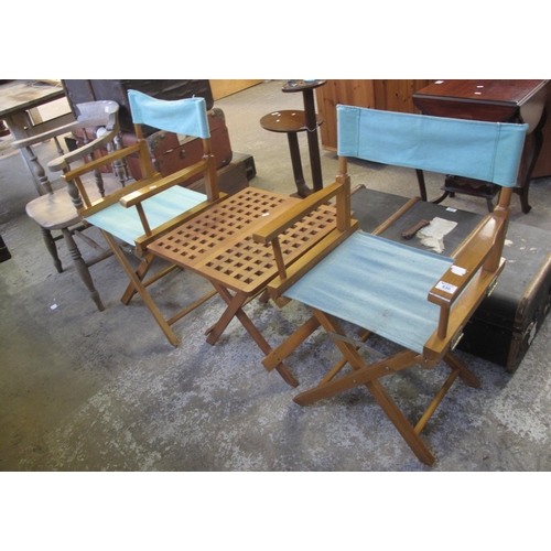 530 - Pair of canvas folding directors-type garden chairs, together with a similar folding pierced top tab... 