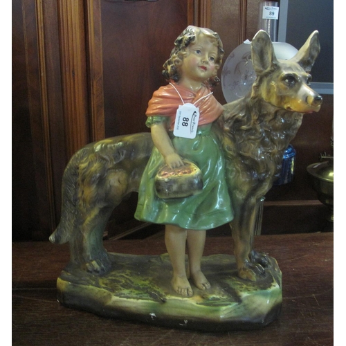 88 - Early 20th century coloured plaster group of a little girl with a large dog. 41 cm high approx.
(B.P... 