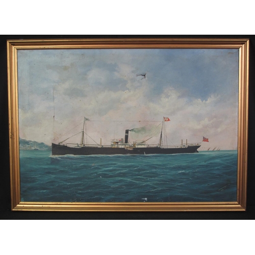 104 - GENOESE SCHOOL, study of the S.S Llanover, a steam freighter off the Italian coast, oils on canvas, ... 