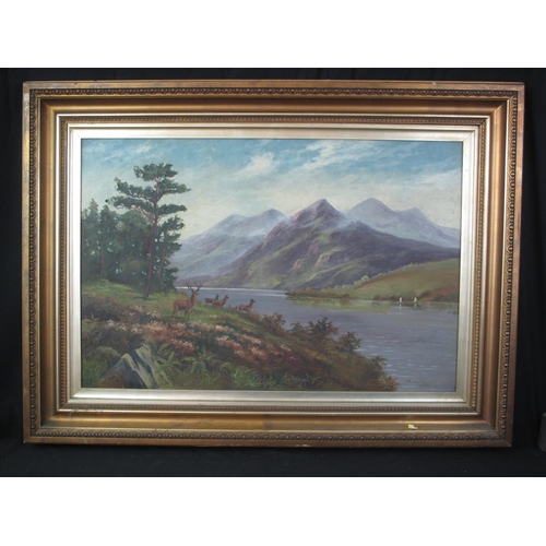 107 - W LEWIS (British early 20th Century), Scottish landscape with mountains and loch, herd of deer looki... 