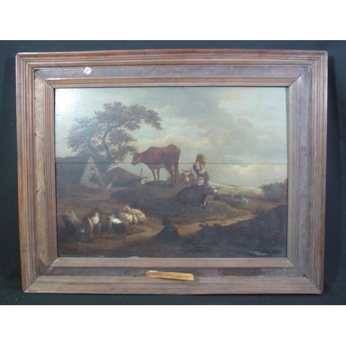 112 - DUTCH SCHOOL (18th/19th Century), milkmaid with cattle, sheep and goats in a landscape, oils on pane... 