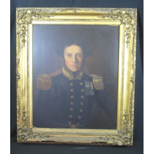 116 - BRITISH SCHOOL (19th Century), portrait of a young naval officer with gold epaulettes and medals, to... 