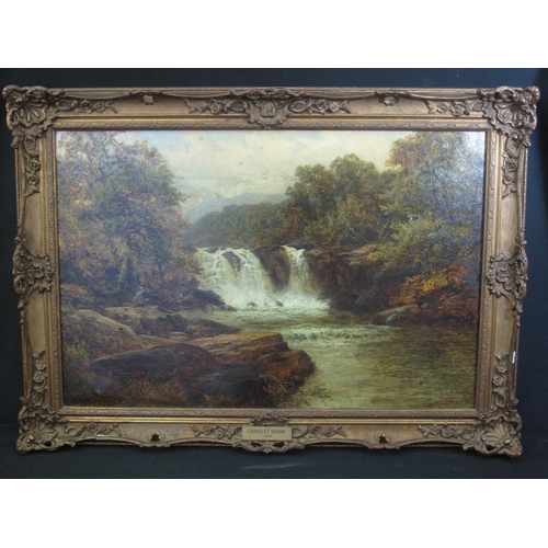 123 - CHARLES L SHAW (British fl 1880-1898), fisherman on an upland stream near waterfall, signed and date... 