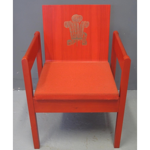 76 - 1969 PRINCE CHARLES PRINCE OF WALES INVESTITURE CHAIR the back marked 'Ich Dien' with three feathers... 