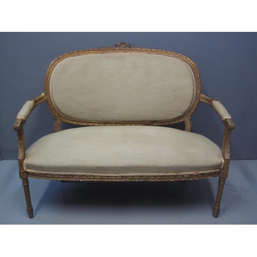 85 - FRENCH STYLE CARVED AND GILDED OPEN ARM PARLOUR SOFA having moulded and beaded frame, upholstered pa... 